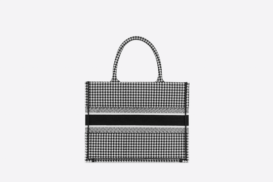 Black and White Houndstooth Embroidery Small Book Tote - Women’s Leather Bag