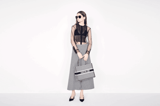 Black and White Houndstooth Embroidery Small Book Tote - Women’s Leather Bag