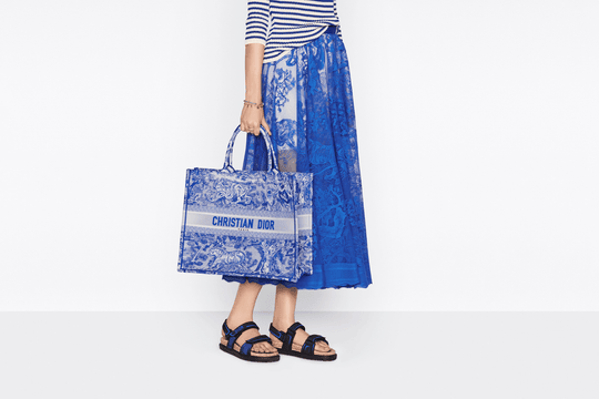 Fluorescent Blue Toile De Jouy Transparent Canvas Large Book Tote Bag - Leather Women's Handbag - Bagsfits