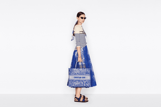 Fluorescent Blue Toile De Jouy Transparent Canvas Large Book Tote Bag - Leather Women's Handbag - Bagsfits