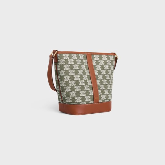 Khaki Small Bucket In Textile With Triomphe Embroidery - Leather Women's Handbag - Bagsfits