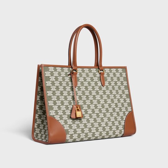 Khaki Horizontal Cabas In Textile With Triomphe Embroidery - Leather Women's Handbag - Bagsfits