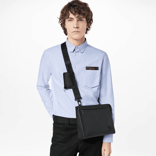 Black Messenger Voyage Aerogram Leather Bag - Leather Men's Handbag - Bagsfits