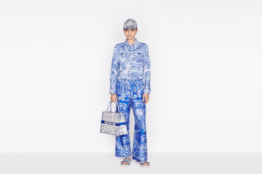 Fluorescent Blue Toile de Jouy Reverse Embroidery Medium Book Tote Bag - Leather Women's Handbag - Bagsfits