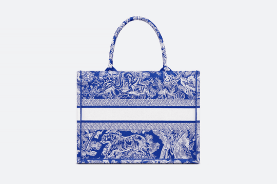 Fluorescent Blue Toile de Jouy Reverse Embroidery Medium Book Tote Bag - Leather Women's Handbag - Bagsfits