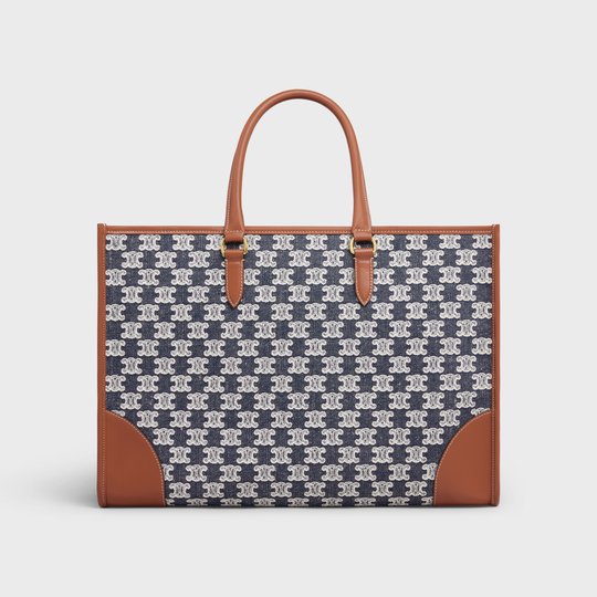 Navy Blue Horizontal Cabas In Textile With Triomphe Embroidery And Calfskin - Leather Women's Handbag - Bagsfits