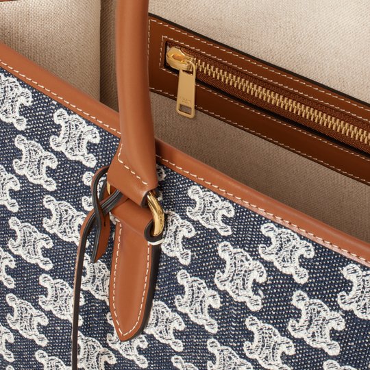 Navy Blue Horizontal Cabas In Textile With Triomphe Embroidery And Calfskin - Leather Women's Handbag - Bagsfits