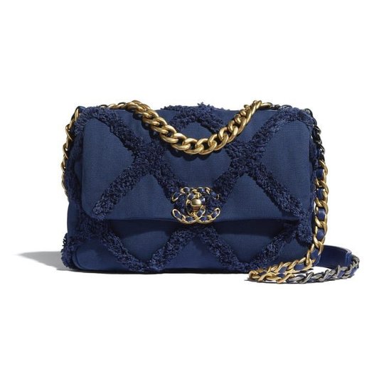 Navy Blue Cotton Canvas Calfskin Chnl 19 HandBag - Leather's Women Shoulder Bag