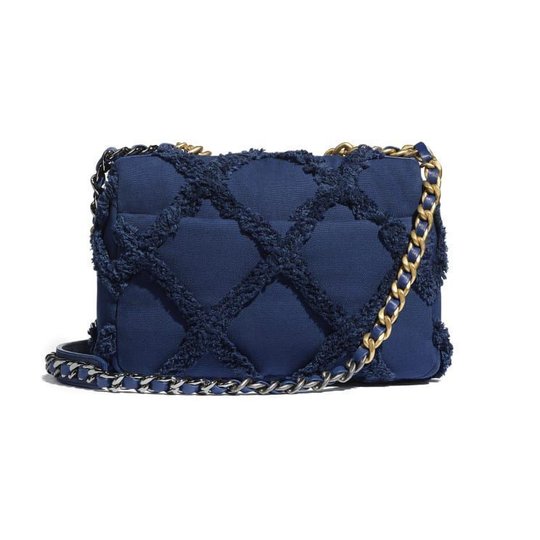 Navy Blue Cotton Canvas Calfskin Chnl 19 HandBag - Leather's Women Shoulder Bag