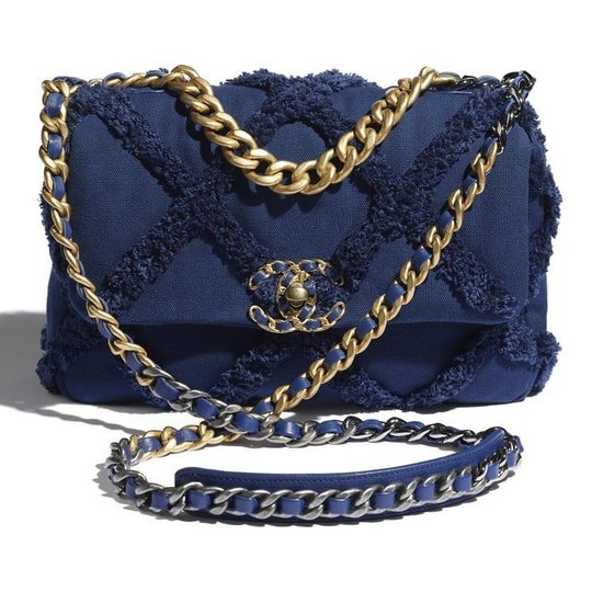 Navy Blue Cotton Canvas Calfskin Chnl 19 HandBag - Leather's Women Shoulder Bag