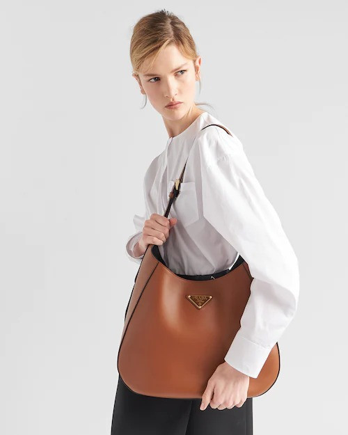 Large Leather Shoulder Bag With Topstitching - Leather Women's Handbag - Bagsfits