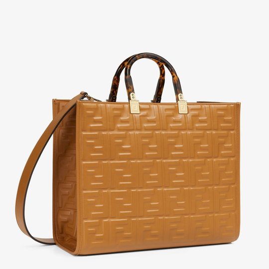 Sunshine Medium Brown Leather Shopper With FF Motif - Leather Women's Handbag - Bagsfits