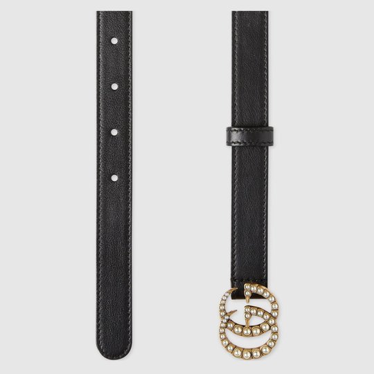 Leather Belt with Pearl Double G Buckle - Leather Women Belt
