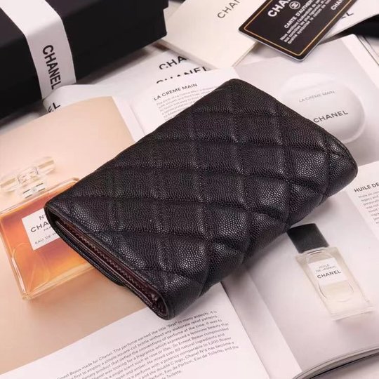 Black Grained Calfskin Classic Flap Wallet - Gold-tone Hardware - Leather Women's Wallet