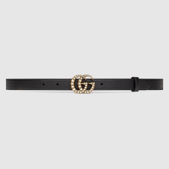 Leather Belt with Pearl Double G Buckle - Leather Women Belt