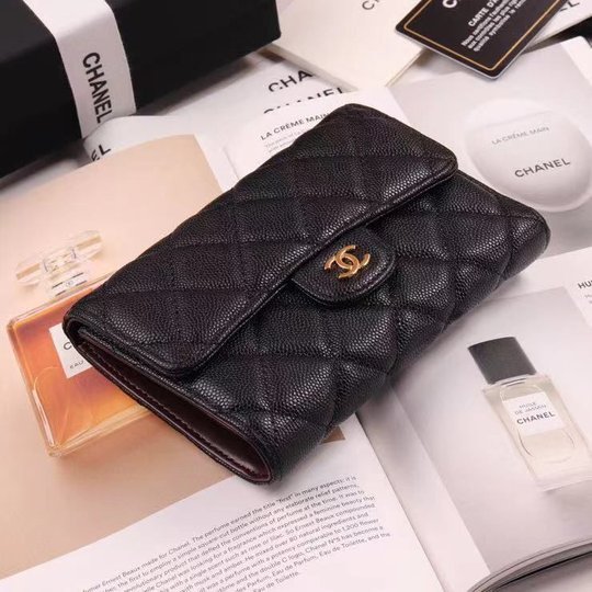 Black Grained Calfskin Classic Flap Wallet - Gold-tone Hardware - Leather Women's Wallet