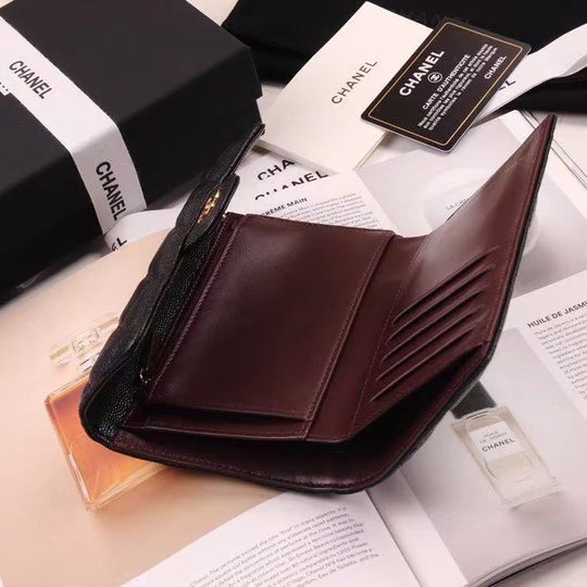 Black Grained Calfskin Classic Flap Wallet - Gold-tone Hardware - Leather Women's Wallet