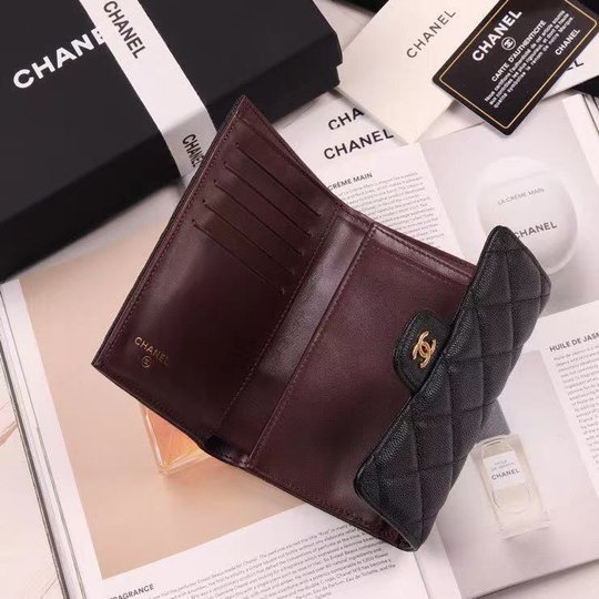 Black Grained Calfskin Classic Flap Wallet - Gold-tone Hardware - Leather Women's Wallet