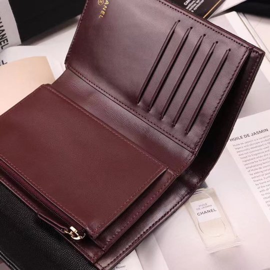 Black Grained Calfskin Classic Flap Wallet - Gold-tone Hardware - Leather Women's Wallet
