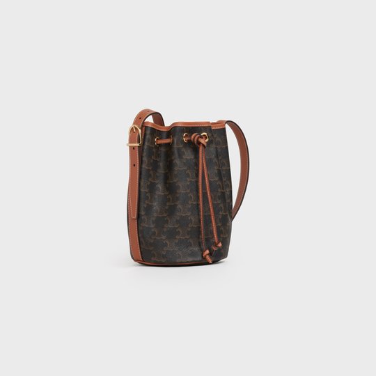 Tan Small Drawstring Bag In Triomphe Canvas And Calfskin - Leather Women's Handbag - Bagsfits