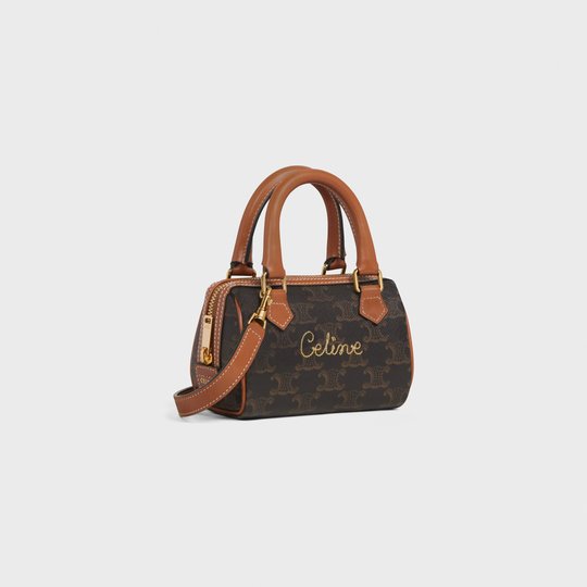 Tan Mini Boston Bag In Triomphe Canvas With Celine Cursive - Leather Women's Handbag - Bagsfits