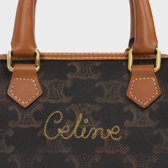 Tan Mini Boston Bag In Triomphe Canvas With Celine Cursive - Leather Women's Handbag - Bagsfits