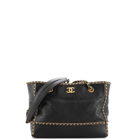 Chnl Black Quilted Calfskin Chain Around Small Shopping Tote - Leather Women's Handbag - Bagsfits