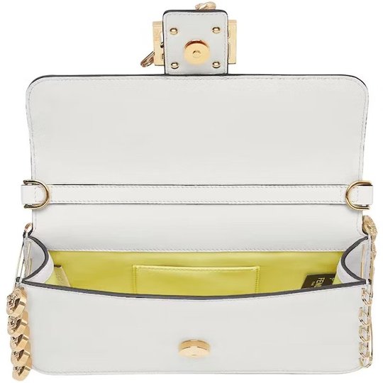 White Leather Fendace Brooch Baguette - Leather Women's Bag - Bagsfits