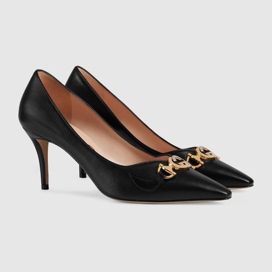 Black Leather GG Zumi Mid Heel Pump - Women's Designer Pumps