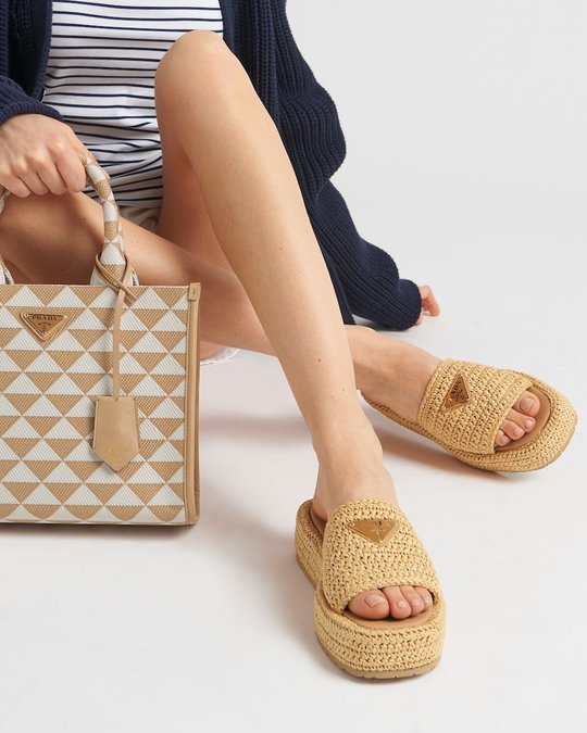 Natural Crochet Flatform Slides - Women's Designer Shoes