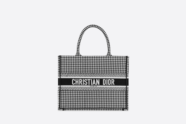 Black and White Houndstooth Embroidery Small Book Tote - Women’s Leather Bag