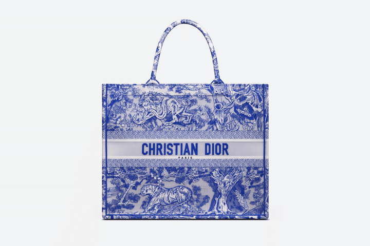 Fluorescent Blue Toile De Jouy Transparent Canvas Large Book Tote Bag - Leather Women's Handbag - Bagsfits