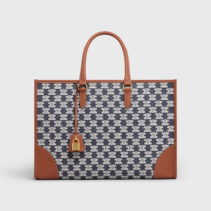 Navy Blue Horizontal Cabas In Textile With Triomphe Embroidery And Calfskin - Leather Women's Handbag - Bagsfits