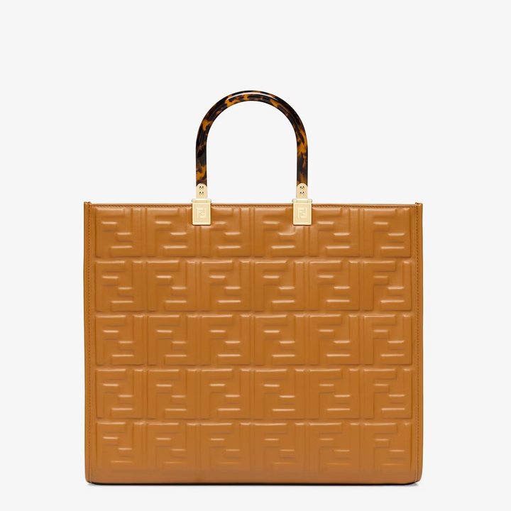 Sunshine Medium Brown Leather Shopper With FF Motif - Leather Women's Handbag - Bagsfits