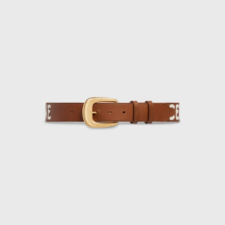 Large Western Belt In Vintage Calfskin With Embroidery - Leather Women Belt