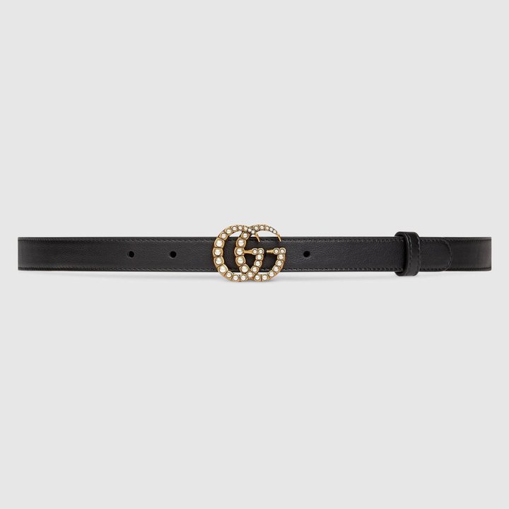 Leather Belt with Pearl Double G Buckle - Leather Women Belt