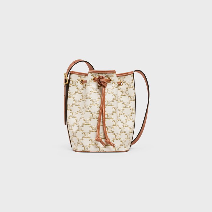 White Small Drawstring Bag In Triomphe Canvas And Calfskin - Leather Women's Handbag - Bagsfits