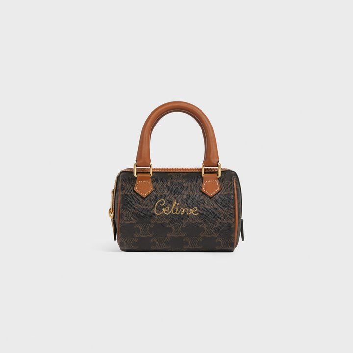 Tan Mini Boston Bag In Triomphe Canvas With Celine Cursive - Leather Women's Handbag - Bagsfits