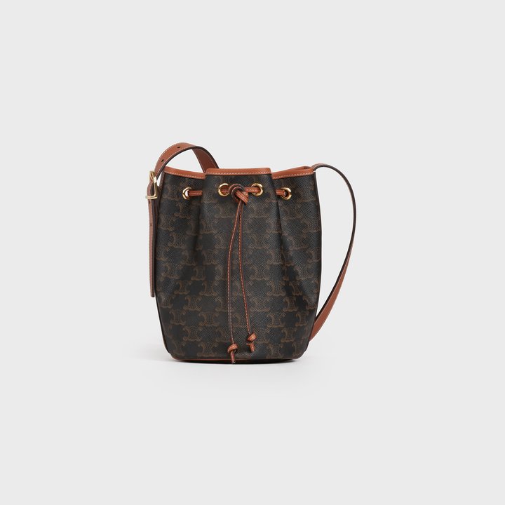 Tan Small Drawstring Bag In Triomphe Canvas And Calfskin - Leather Women's Handbag - Bagsfits