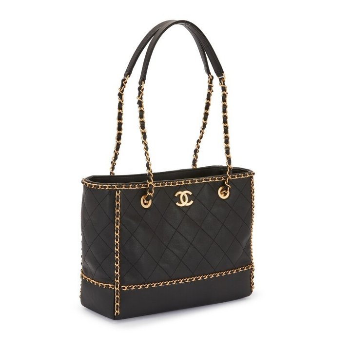 Chnl Black Quilted Calfskin Chain Around Small Shopping Tote - Leather Women's Handbag - Bagsfits