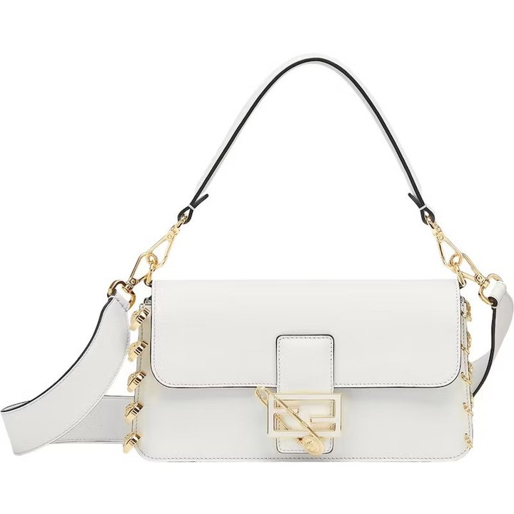 White Leather Fendace Brooch Baguette - Leather Women's Bag - Bagsfits