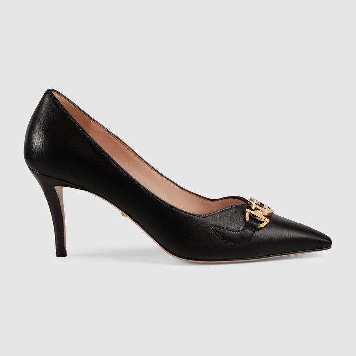 Black Leather GG Zumi Mid Heel Pump - Women's Designer Pumps