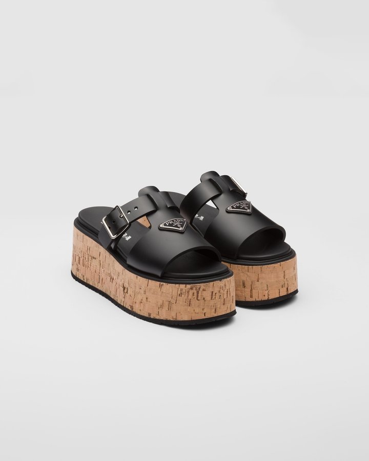 Black Rubber Wedge Platform Sandals - Women's Designer Shoes