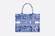 Fluorescent Blue Toile de Jouy Reverse Embroidery Medium Book Tote Bag - Leather Women's Handbag - Bagsfits