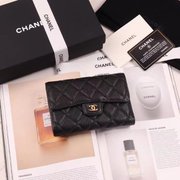 Black Grained Calfskin Classic Flap Wallet - Gold-tone Hardware - Leather Women's Wallet