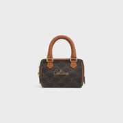 Tan Mini Boston Bag In Triomphe Canvas With Celine Cursive - Leather Women's Handbag - Bagsfits