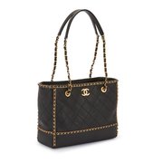 Chnl Black Quilted Calfskin Chain Around Small Shopping Tote - Leather Women's Handbag - Bagsfits