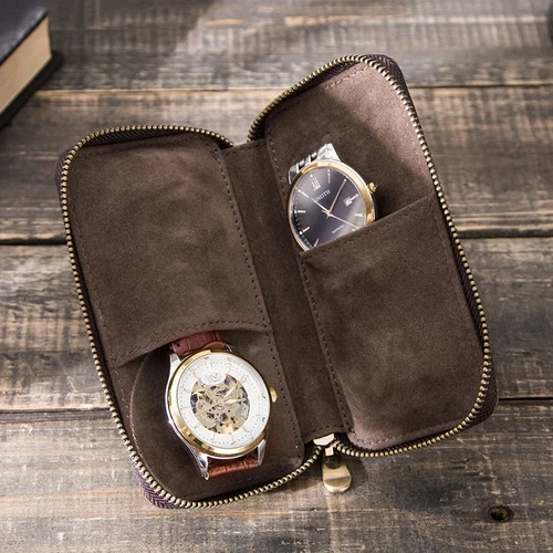 Rustic Leather 2-Slot Watch Box with Zipper