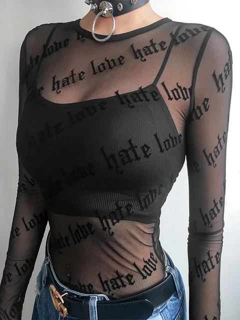 Long Sleeve Tshirt Letter Printed O Neck See-Through Perspective