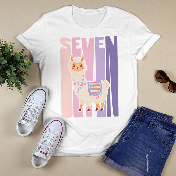 Kids 7 Year Old Cute Llama Alpaca Birthday Girl 7th B-day T-Shirt